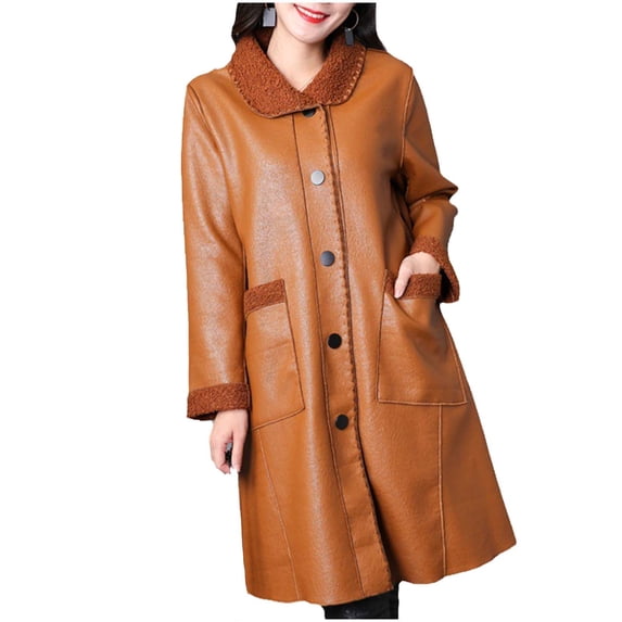 XPMWRP Women's Faux Leather Fleece Button Jacket Loose Long Sleeve Casual Solid Color Winter Warm Trendy Clothes with Pockets Yellow XXXXXL