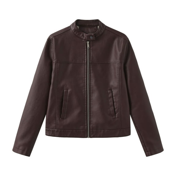 XPMWRP Women's Faux Leather Jacket Long Sleeve Solid Color Motorcycle Zipper Bomber Coats Fall Winter Fashion Clothes with Pocket Brown XS