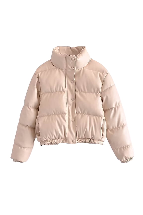 Women's Faux Leather Puffer Cropped Jacket Long Sleeve Puffer Down Solid Color Button Coat Winter Warm Loose Casual Coats Yellow L