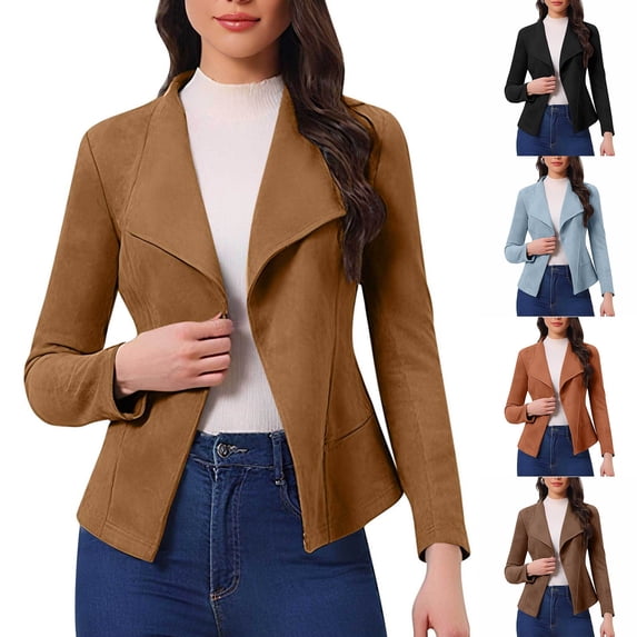 XPMWRP Women's Faux Suede Solid Color Jacket Open Front Lapel Draped Outwear Long Sleeved Fashionable Casual Coat Blazer Black L
