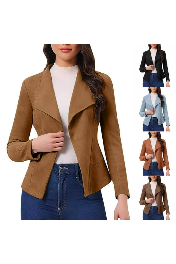 Women's Faux Suede Solid Color Jacket Open Front Lapel Draped Outwear Long Sleeved Fashionable Casual Coat Blazer Black XXL