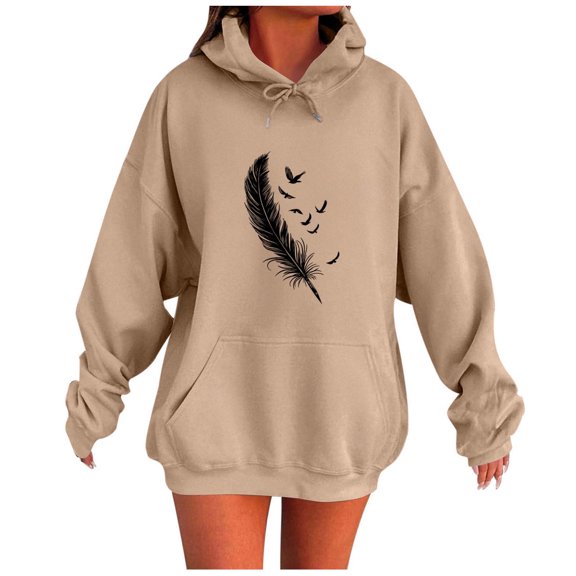 XPMWRP Women's Feather Printed Sweatshirt Casual Loose Crewneck Hoodies Long Sleeve Shirts Trendy Pullover Tops Shirt With Pockets Yellow M