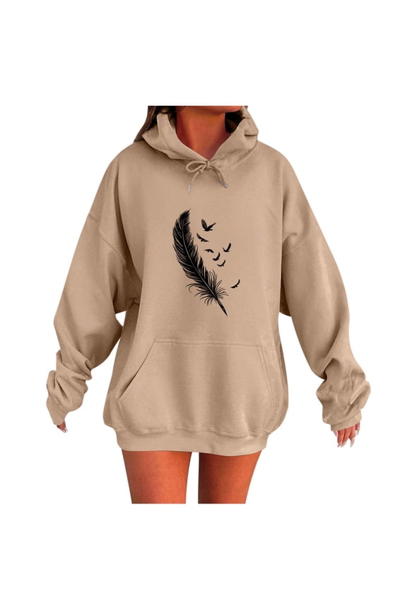 Women's Feather Printed Sweatshirt Casual Loose Crewneck Hoodies Long Sleeve Shirts Trendy Pullover Tops Shirt With Pockets Yellow M