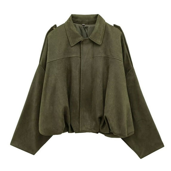 XPMWRP Women's Fleece Bomber Solid Color Jacket Lapel Zipper Loose Coat Casual Oversized Long Sleeves Trendy Streetwear Outerwear Green L