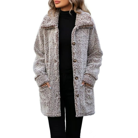 XPMWRP Women's Fleece Button Down Coats Lapel Long Sleeve Solid Color Casual Jackets Winter Keep Warm Loose Jacket with Pocket Brown M