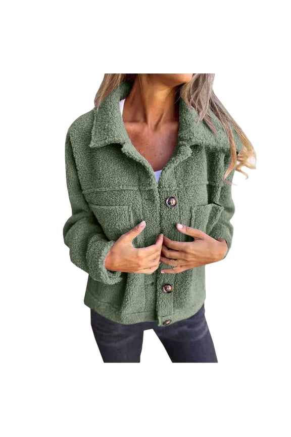 Women's Fleece Button Down Coats Lapel Long Sleeve Solid Color Casual Jackets Winter Keep Warm Loose Jacket with Pocket Green XXXL
