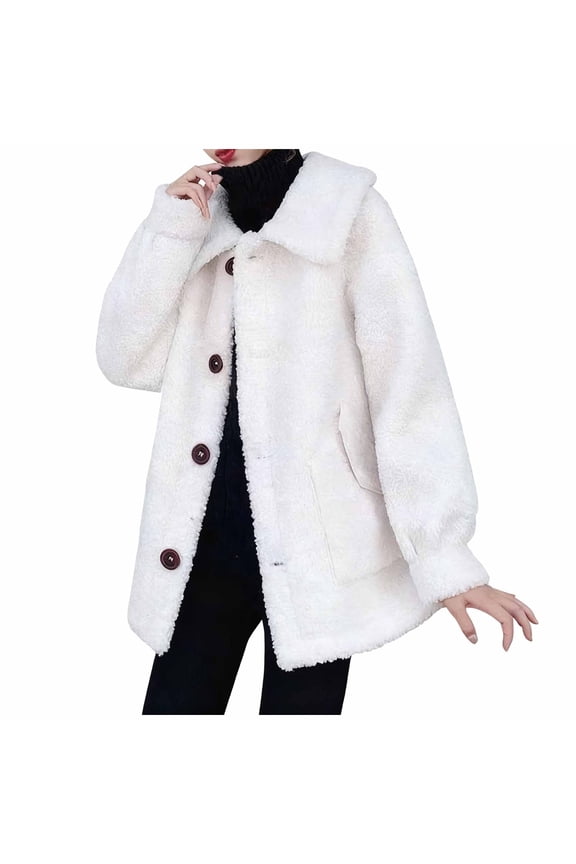 Women's Fleece Button Down Coats Lapel Long Sleeve Solid Color Casual Jackets Winter Keep Warm Loose Jacket with Pocket White XL