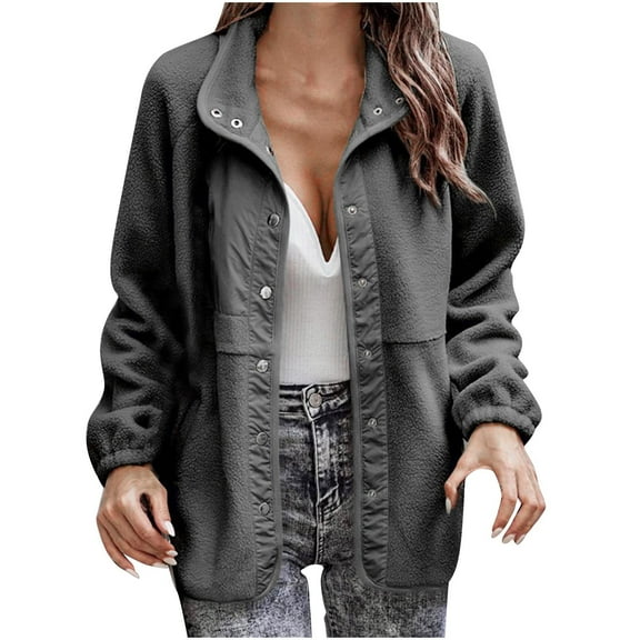 XPMWRP Women's Fleece Button Down Jacket Long Sleeve Solid Color Lapel Casual Coats Fall Winter Soft Warm Trendy Clothes with Pockets Gray XXL