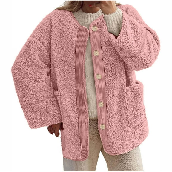 XPMWRP Women's Fleece Button Up Casual Jacket Long Sleeve Solid Color Fashion Loose Coats Fall Winter Trendy Clothes with Pockets Pink M