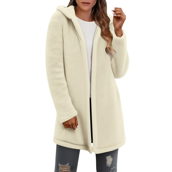 XPMWRP Women's Fleece Hooded Cardigan Jackets Casual Solid Long Sleeve Open Front Coat Winter Loose Warm Clothes Beige M