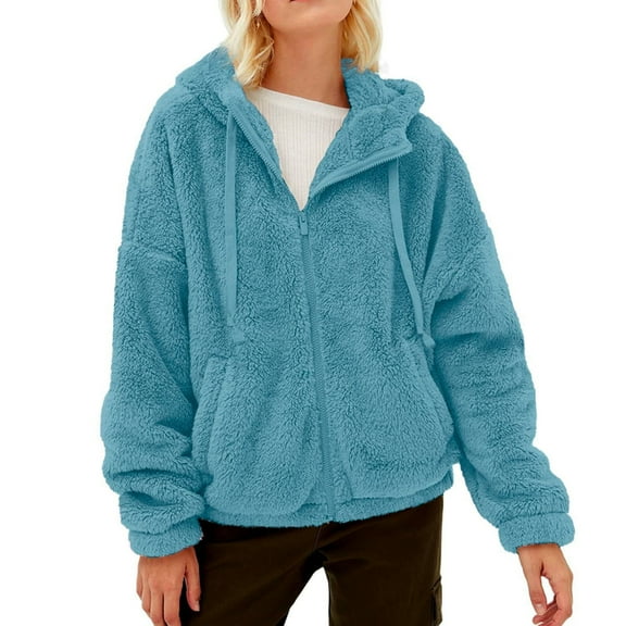 XPMWRP Women's Fleece Hooded Zipper Coat Casual Long Sleeve Solid Soft Comfortable Oversized Jacket Winter Warm Trendy Coats with Pockets Blue XXL