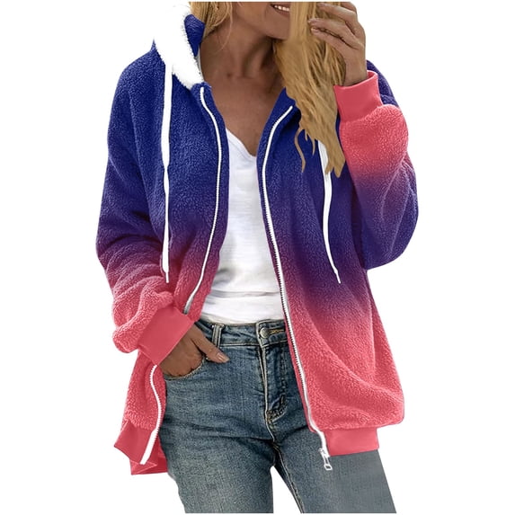 XPMWRP Women's Fleece Hoodies Gradient Color Jackets Casual Full Zip Long Sleeve Drawstring Coats Fall Winter Fashion Outerwear Jacket Pink L