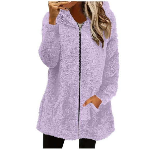 XPMWRP Women's Fleece Hoodies Jacket Full Zip Up Long Sleeve Solid Color Casual Coat Fall Winter Loose Warm Clothes with Pockets Purple L
