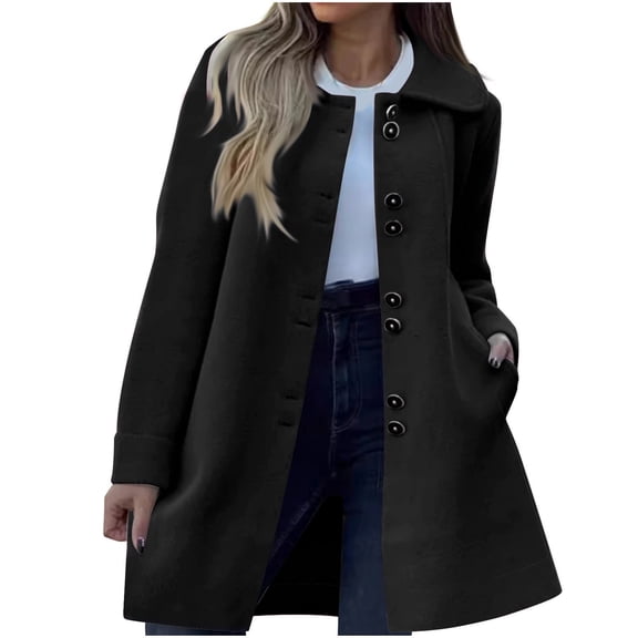 XPMWRP Women's Fleece Lapel Collared Trench Jacket Single Breasted Casual Solid Color Coat Fall Winter Warm Long Sleeve Jackets Black M