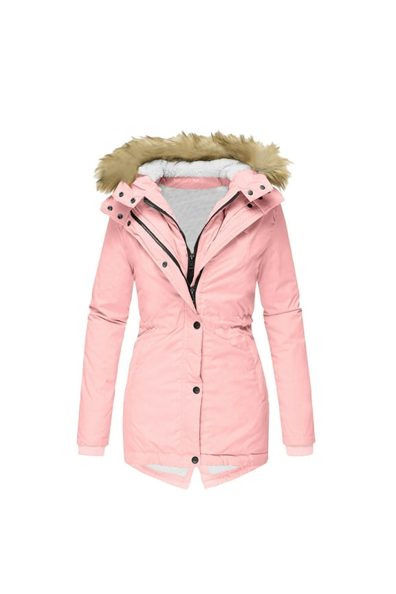 Women's Fleece Lined Hooded Coats Plus Size Long Sleeve Solid Color Jackets Winter Loose Warm Trendy Parka Outerwear with Pockets Pink XXL