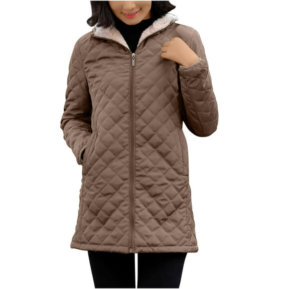 XPMWRP Women's Fleece Lined Hooded Down Coat Slim Fit Long Sleeve Solid Color Zipper Jacket Winter Soft Warm Trendy Coats with Pockets Brown S