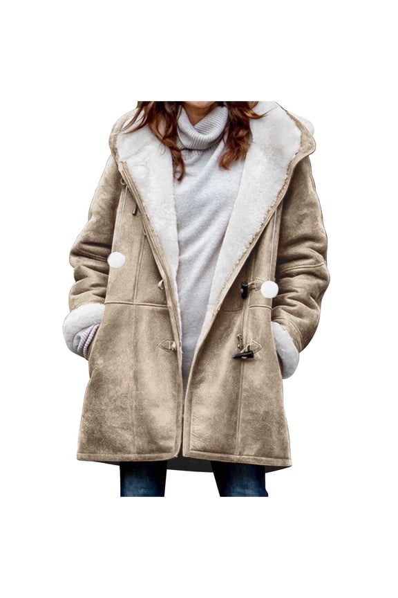 Women's Fleece Lined Hooded Jackets Long Sleeve Solid Color Fashion Casual Coats Winter Soft Warm Horn Button Down Drawstring Jackets with Pockets Yellow XXXL