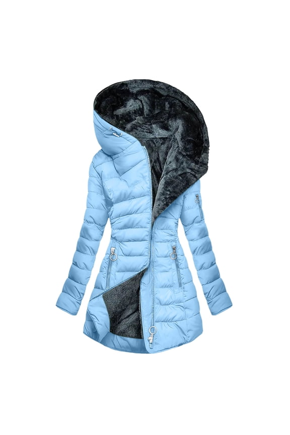 Women's Fleece Lined Hooded Zipper Jacket Thicken Puffer Solid Color Parkas Coats Long Sleeve Warm Winter Fashion Casual Clothes with Pockets Blue XL
