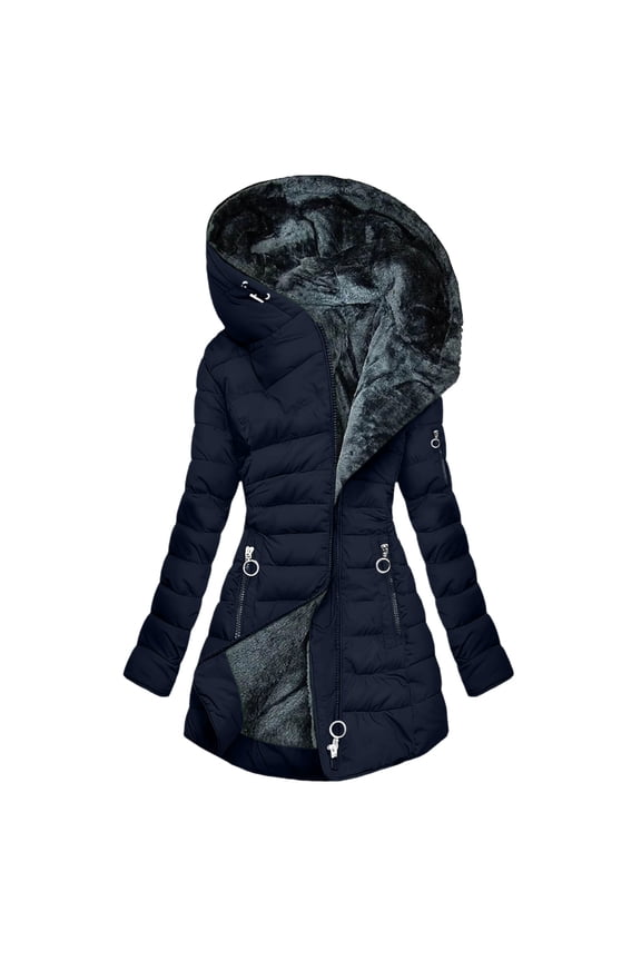 Women's Fleece Lined Hooded Zipper Jacket Thicken Puffer Solid Color Parkas Coats Long Sleeve Warm Winter Fashion Casual Clothes with Pockets Blue L
