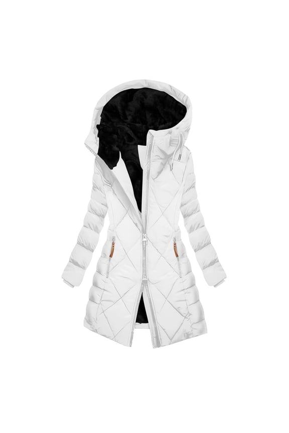 Women's Fleece Lined Hooded Zipper Jacket Thicken Puffer Solid Color Parkas Coats Long Sleeve Warm Winter Fashion Casual Clothes with Pockets White XXL