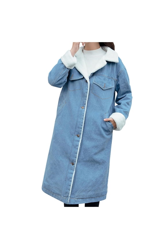 Women's Fleece Lined Long Denim Jacket Faux Fur Collar Long Sleeve Solid Color Loose Coats Thickened Button Winter Warm Clothes with Pockets Blue S