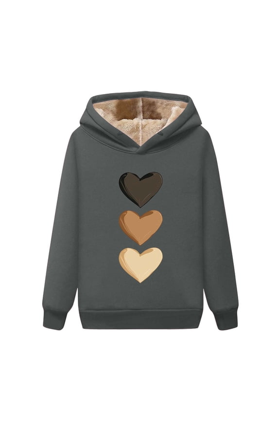 Women's Fleece Lined Thermal Hoodies Sweatshirts Heart Print Pullover Winter Soft Warm Casual Long Sleeve Sweatshirt Gray XL