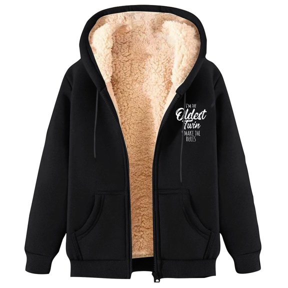 XPMWRP Women's Fleece Lined Thicken Hoodie Printed Coats Long Sleeve Loose Zipper Drawstring Jackets Winter Soft Warm Trendy Clothes with Pocket Black XXL
