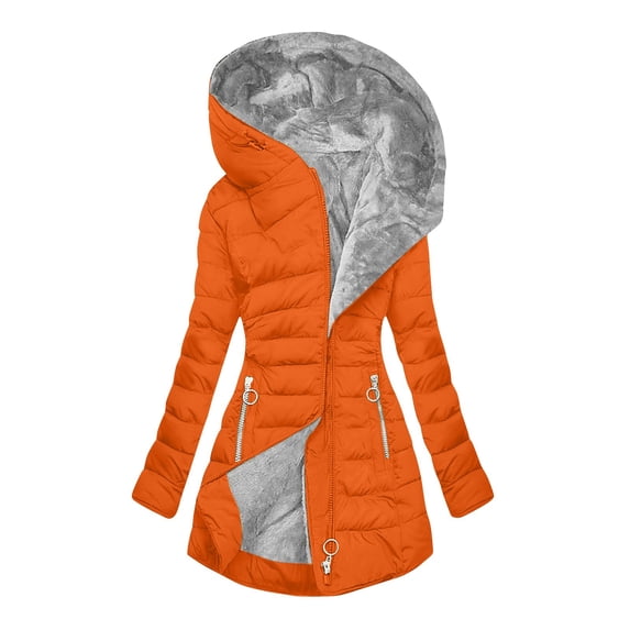 XPMWRP Women's Fleece Lined Thicken Puffer Hooded Coats Long Sleeve Solid Color Quilted Jackets Winter Soft Warm Trendy Zipper Clothes Orange XXXL