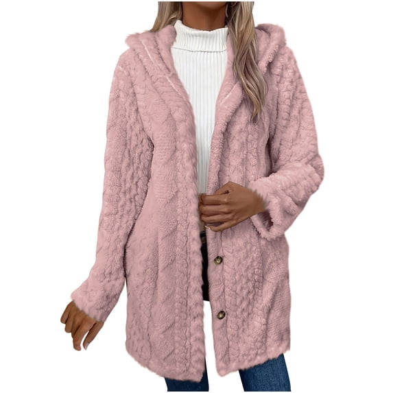 XPMWRP Women's Fleece Open Front Hooded Jacket Long Sleeve Solid Color Loose Coats Winter Soft Warm Cardigan Coats Pink S