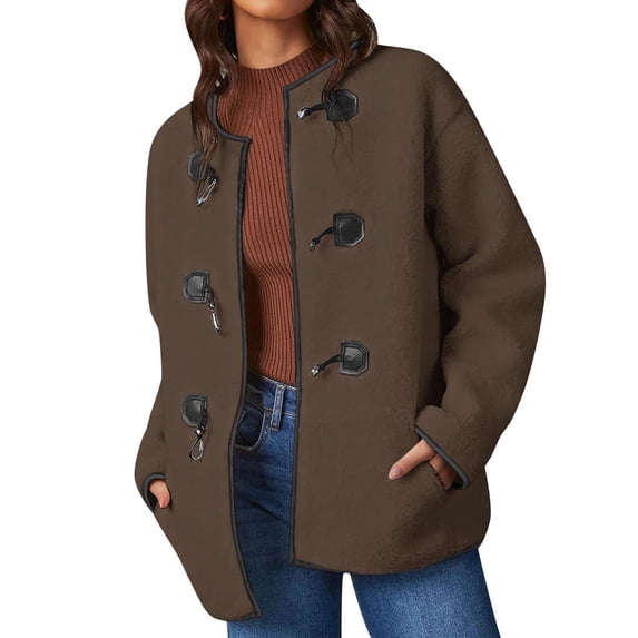 XPMWRP Women's Fleece Oversized Button Jacket Casual Long Sleeve Solid Color Winter Warm Loose Coats With Pockets Brown L