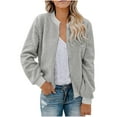thumbnail image 1 of XPMWRP Women's Fleece Solid Color Jacket Long Sleeve Fashionable Casual Coat Lightweight Zip Up Bomber Jacket Gray L, 1 of 6