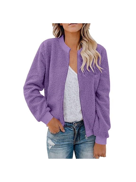 Women's Fleece Solid Color Jacket Long Sleeve Fashionable Casual Coat Lightweight Zip Up Bomber Jacket Purple L