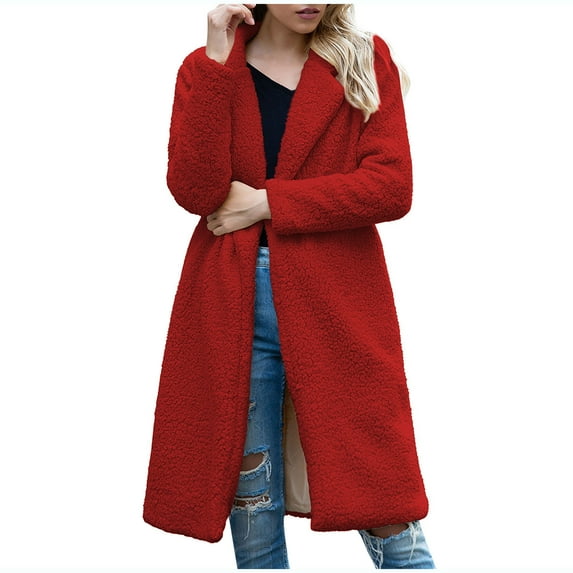 XPMWRP Women's Fleece Thick Open Front Trench Jackets Solid Color Long Sleeve Lapel Coat Winter Warm Oversized Casual Cardigan Coat Red XXL