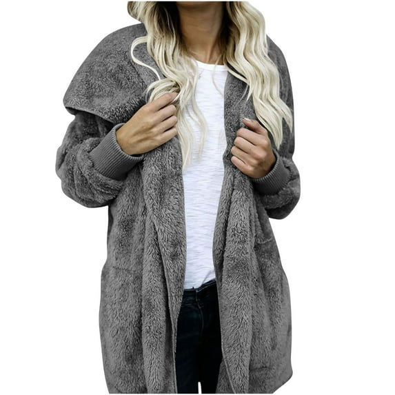 XPMWRP Women's Fleece Trendy Open Front Hooded Jacket Long Sleeve Solid Color Loose Cardigan Jackets Winter Soft Warm Coats with Pockets Gray L