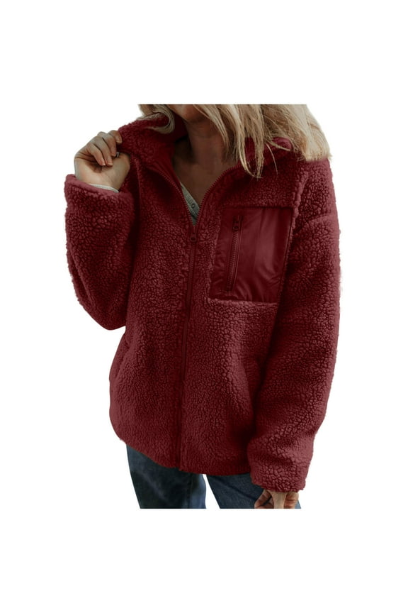 Women's Fleece Turtleneck Coats Long Sleeve Solid Color Casual Jackets Winter Keep Warm Loose Jacket with Pocket Red XXL
