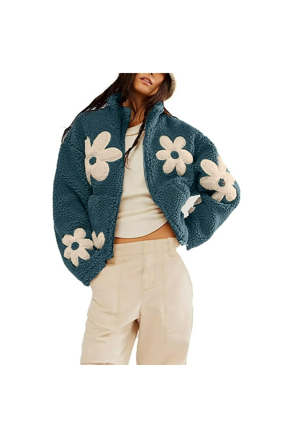 Women's Floral Print Fleece Jackets Zipper Long Sleeves Casual Coat Loose Fall Winter Trendy Coats with Pockets Blue M