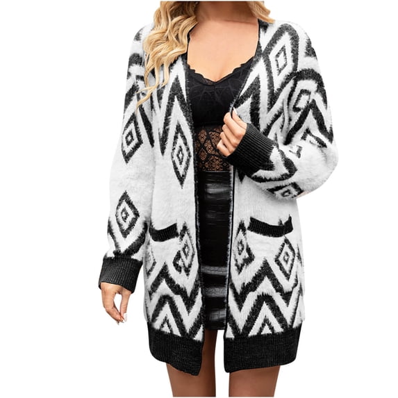 XPMWRP Women's Floral Print Fleece Open Front Jackets Long Sleeves Casual Loose Coats Oversized Winter Trendy Knitted Cardigan Coats Black L