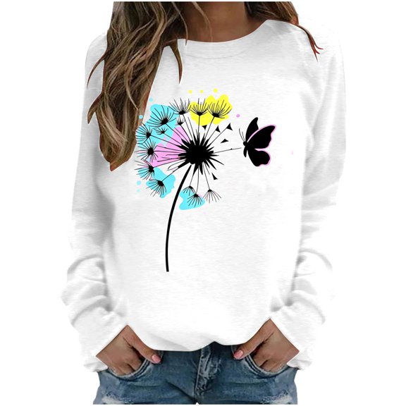 XPMWRP Women's Floral Print Sweatshirt Casual Loose Crewneck Set Long Sleeve Shirts Graphic Pullover Tops Shirt White L