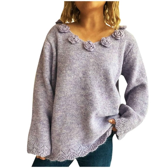 XPMWRP Women's Floral Solid Color Pullover Sweaters 3D Flower Long Lantern Sleeve Knit Tops Long Sleeve Pullover Scalloped Hem Purple M