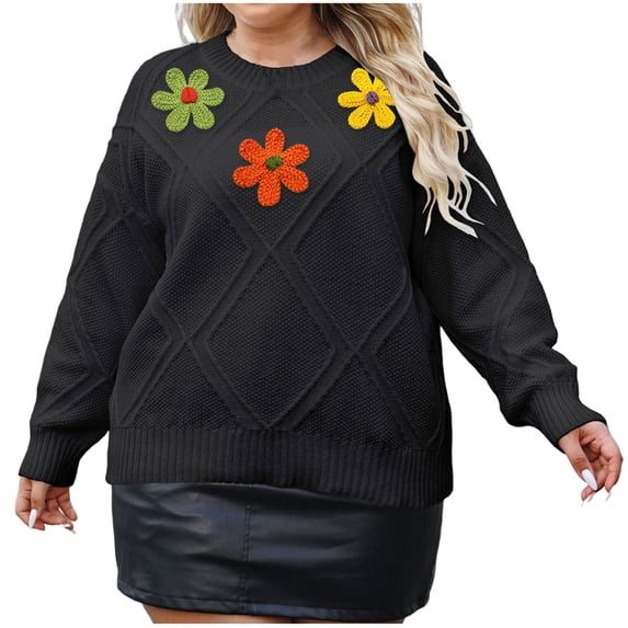 XPMWRP Women's Flower Plus Size Winter Warm Sweater Crew Neck Long Sleeve Casual Loose Fall Cable Knit Oversized Pullover Tops Black XXXL