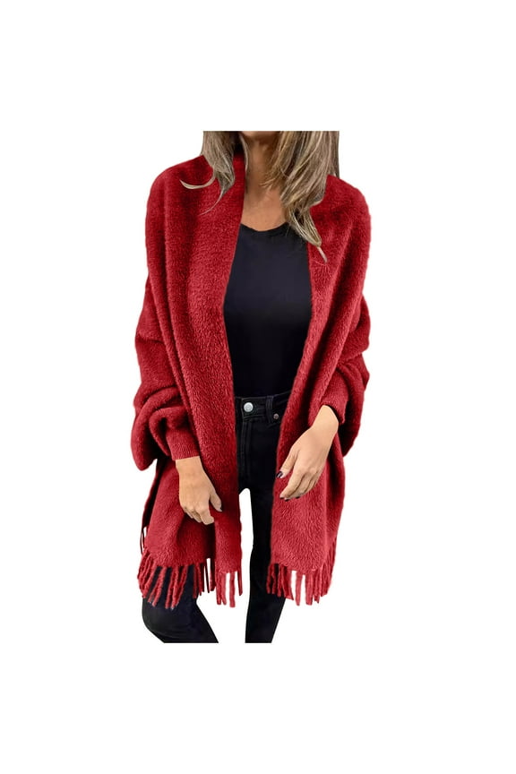 Women's Fringe Loose Shawl Jackets Long Sleeve Solid Color Open Front Coats Winter Soft Warm Cardigan Coats Red XXL