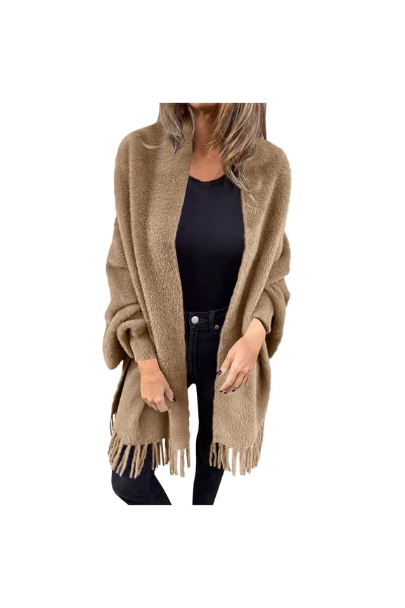 Women's Fringe Loose Shawl Jackets Long Sleeve Solid Color Open Front Coats Winter Soft Warm Cardigan Coats Yellow M