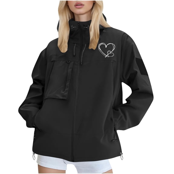 XPMWRP Women's Full Zip Hooded Waterproof Jacket Long Sleeve Solid Color Outdoor Sports Raincoat Loose Windbreaker Coats with Pockets Black S