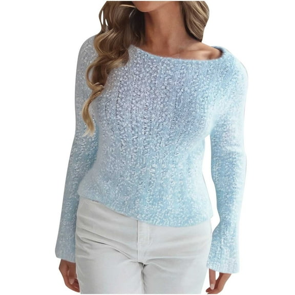 XPMWRP Women's Fuzzy Knit Color Block Sweater Long Sleeve Off Shoulder Skew Neck Bell Sleeve Casual Pullover Top Blue Free Size