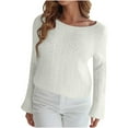 thumbnail image 1 of XPMWRP Women's Fuzzy Knit Color Block Sweater Long Sleeve Off Shoulder Skew Neck Bell Sleeve Casual Pullover Top White Free Size, 1 of 6