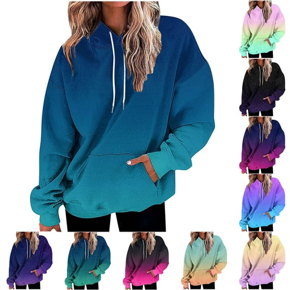 XPMWRP Women's Gradient Color Drawstring Hoodies Sweatshirt Long Sleeve Winter Warm Loose Comfortable Pullover with Pockets Black L