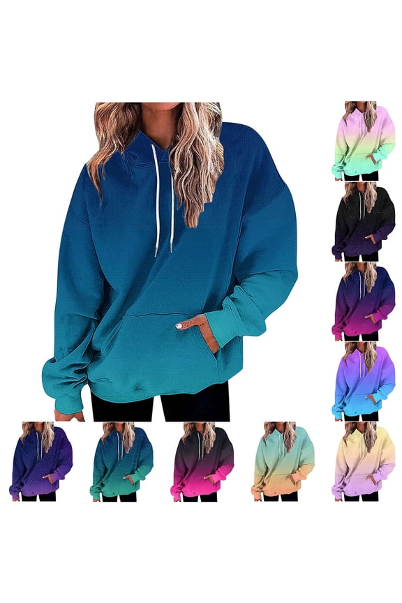 Women's Gradient Color Drawstring Hoodies Sweatshirt Long Sleeve Winter Warm Loose Comfortable Pullover with Pockets Black L