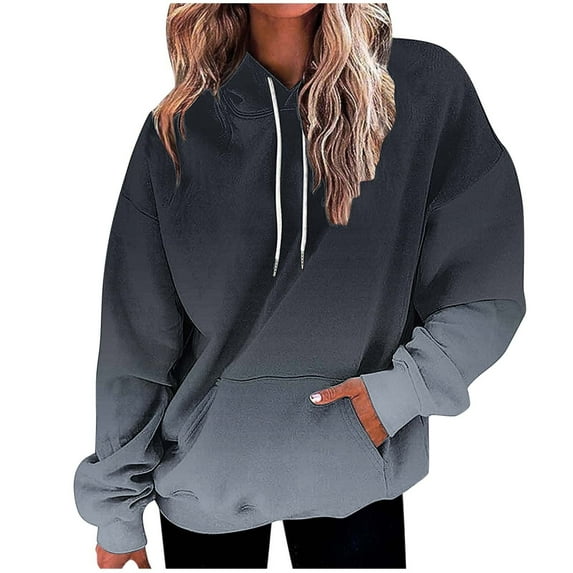 XPMWRP Women's Gradient Color Drawstring Hoodies Sweatshirt Long Sleeve Winter Warm Loose Comfortable Pullover with Pockets Blue L