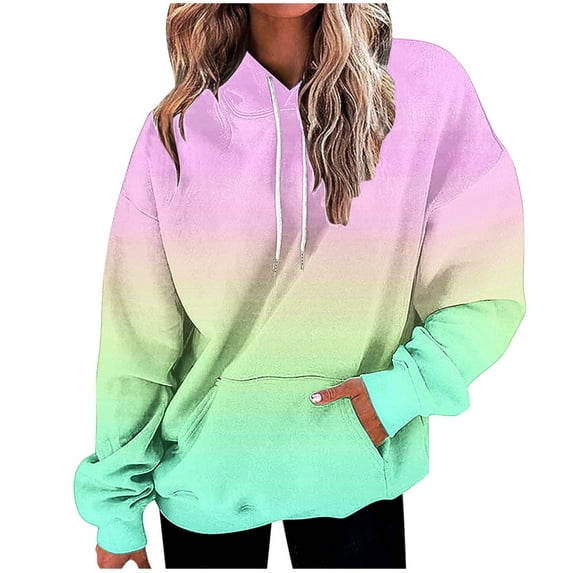 XPMWRP Women's Gradient Color Drawstring Hoodies Sweatshirt Long Sleeve Winter Warm Loose Comfortable Pullover with Pockets Multicolor L
