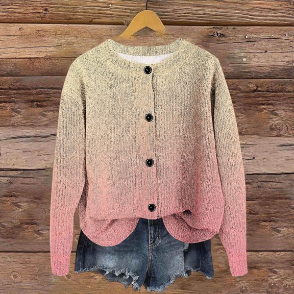 XPMWRP Women's Gradient Color Knitted Jacket Long Sleeve Button Down Casual Coats Fall Winter Trendy Loose Jacket Yellow M